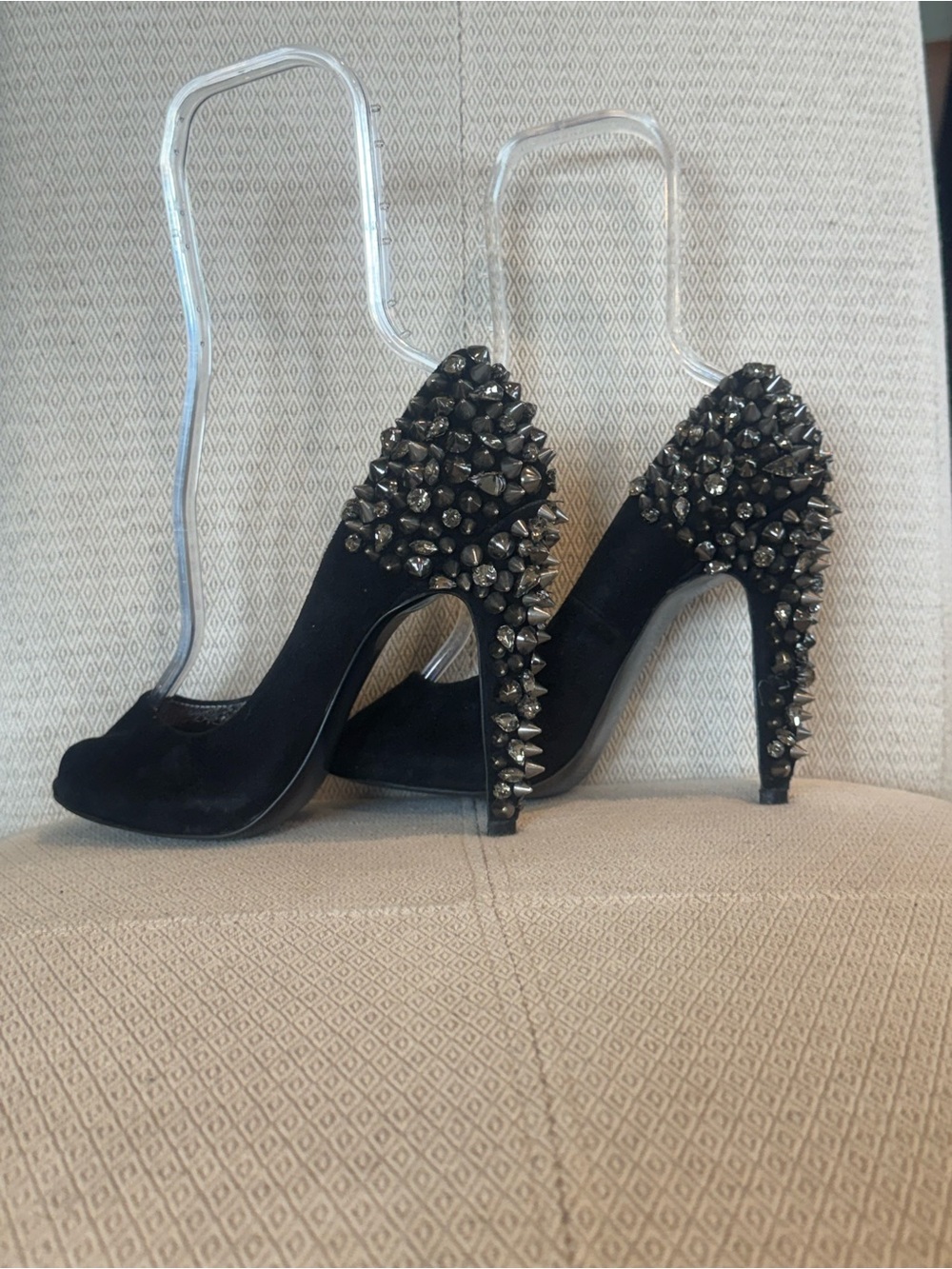 Sam Edelman Black Suede Peep-Toe Heels with Spike Embellishments - Picture 8 of 10